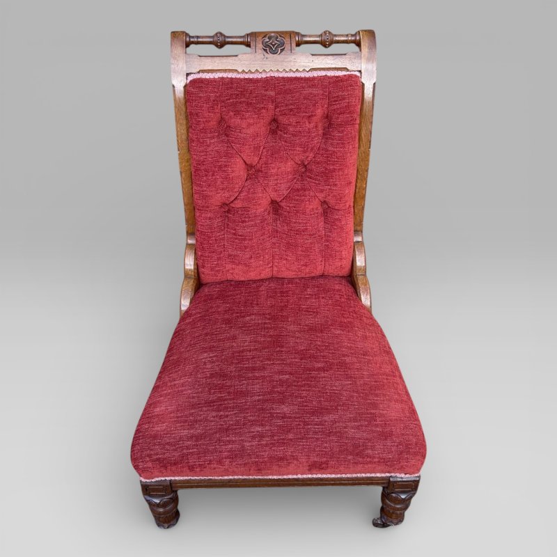 Antique Victorian Pair Of Ladies And Gentlemen’s Red Gothic Revival Oak Chairs - Image 7